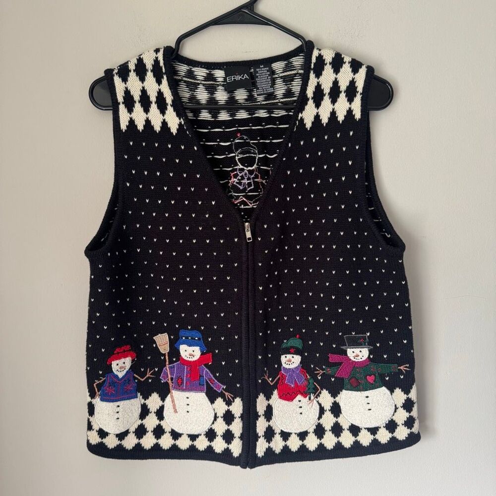 Vintage Cotton Ramie Embroidered Snowman Kitschy Holiday Sweater Vest